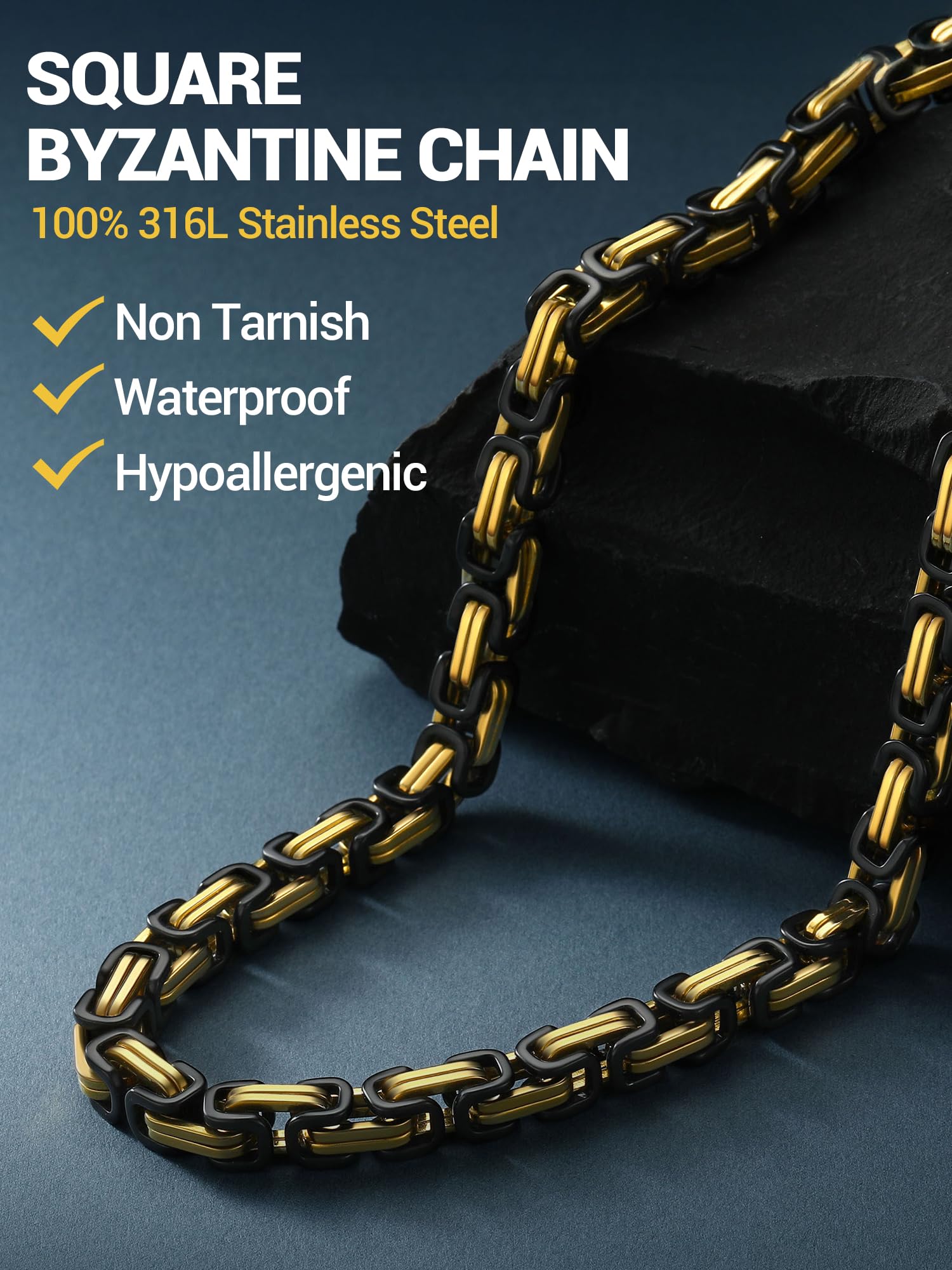 PROSTEEL Black Gold Plated Stainless Steel Necklace for Men 8MM Byzantine Link Chain for Women 20 Inch Jewelry Gift for Boyfriend Husband Birthday Christmas