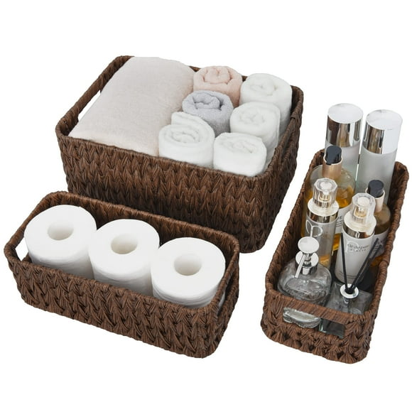 GRANNY SAYS Storage Baskets for Shelves,Waterproof Basket Set for Organizing, Toilet Wicker Basket Tank Topper, Wicker Baskets with Handles, Brown, 3-Pack