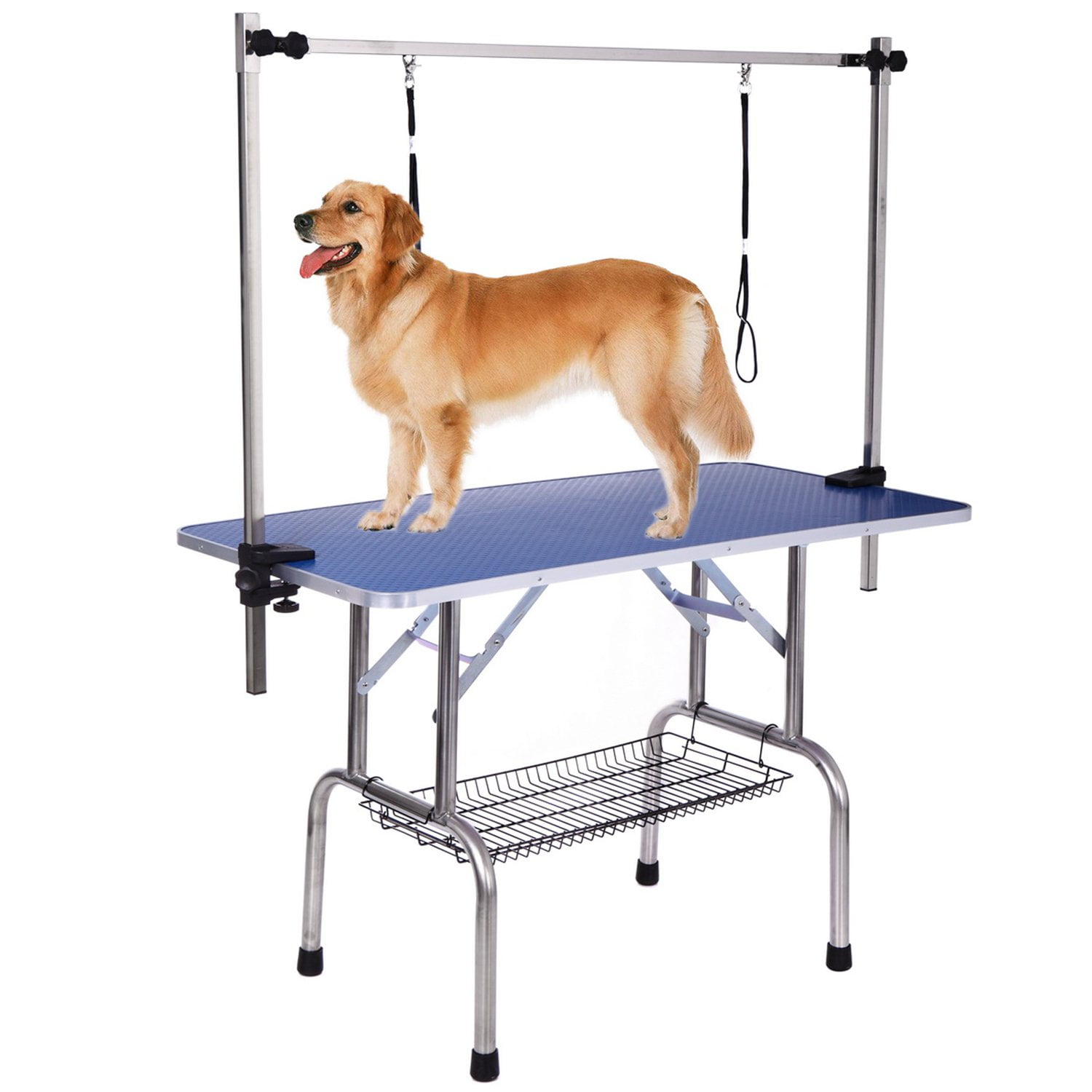 large pet grooming table with arm noose and mesh tray