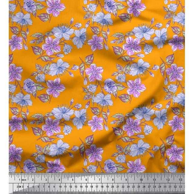 Soimoi polyester Crepe Fabric Leaves & Buttercup Floral Printed Fabric 1 Yard 52 Inch Wide
