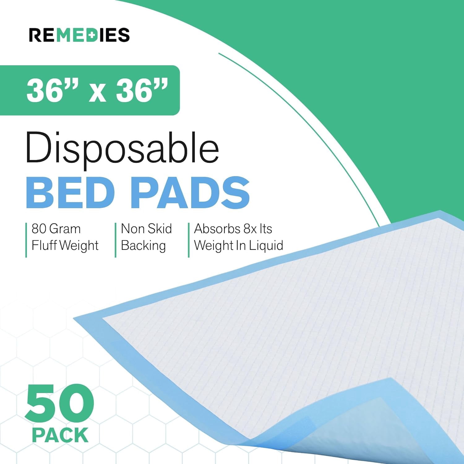 REMEDIES 36 x 36” Large Disposable Bed Pads for Adults Incontinence Pads Puppy Pads, 50 Pack