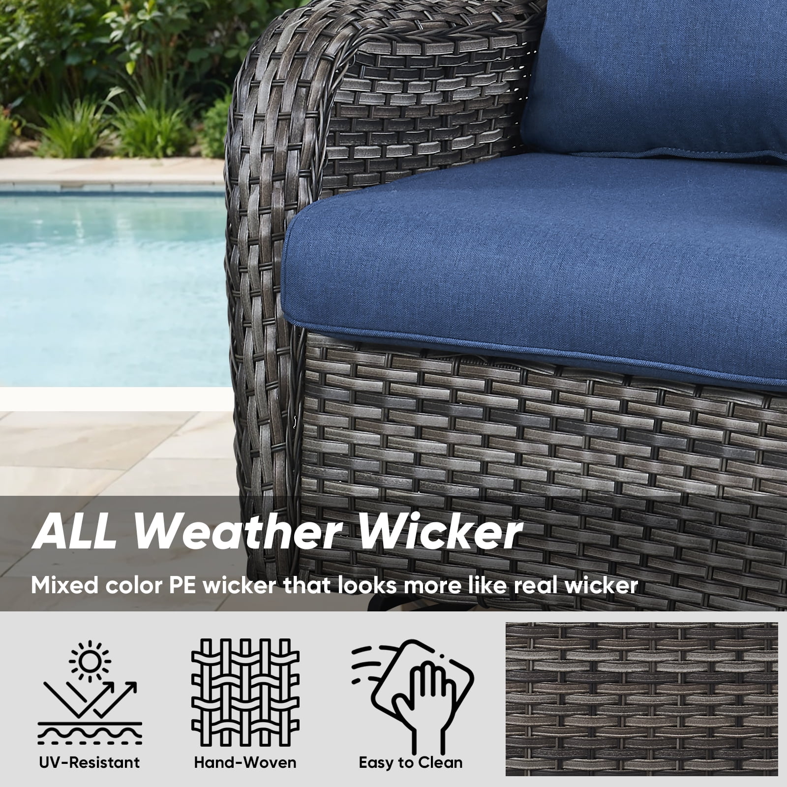 Gymojoy 3 Pieces Patio Furniture Coversation Set, Outdoor Swivel Gliders Rocker, Wicker Patio Bistro Set with Rattan Rocking Chair for Backyard(Navy Blue)