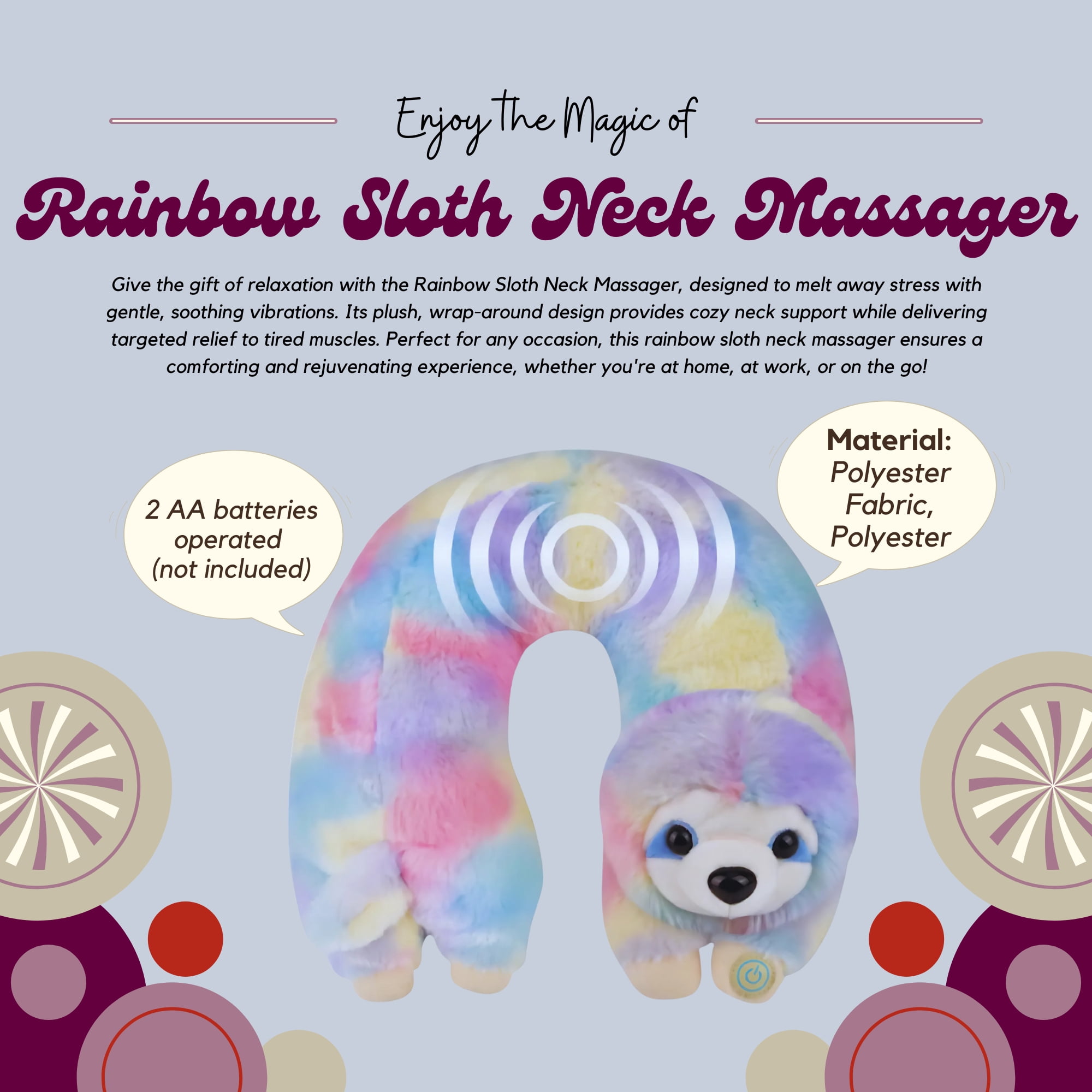 Rainbow Sloth Neck Massager, 11in Vibrating Animal Massage Cushion U-Shaped Pillow with Relaxing Vibration Soft Portable Travel Wrap Christmas Thanksgiving Birthday Party Favors Gift
