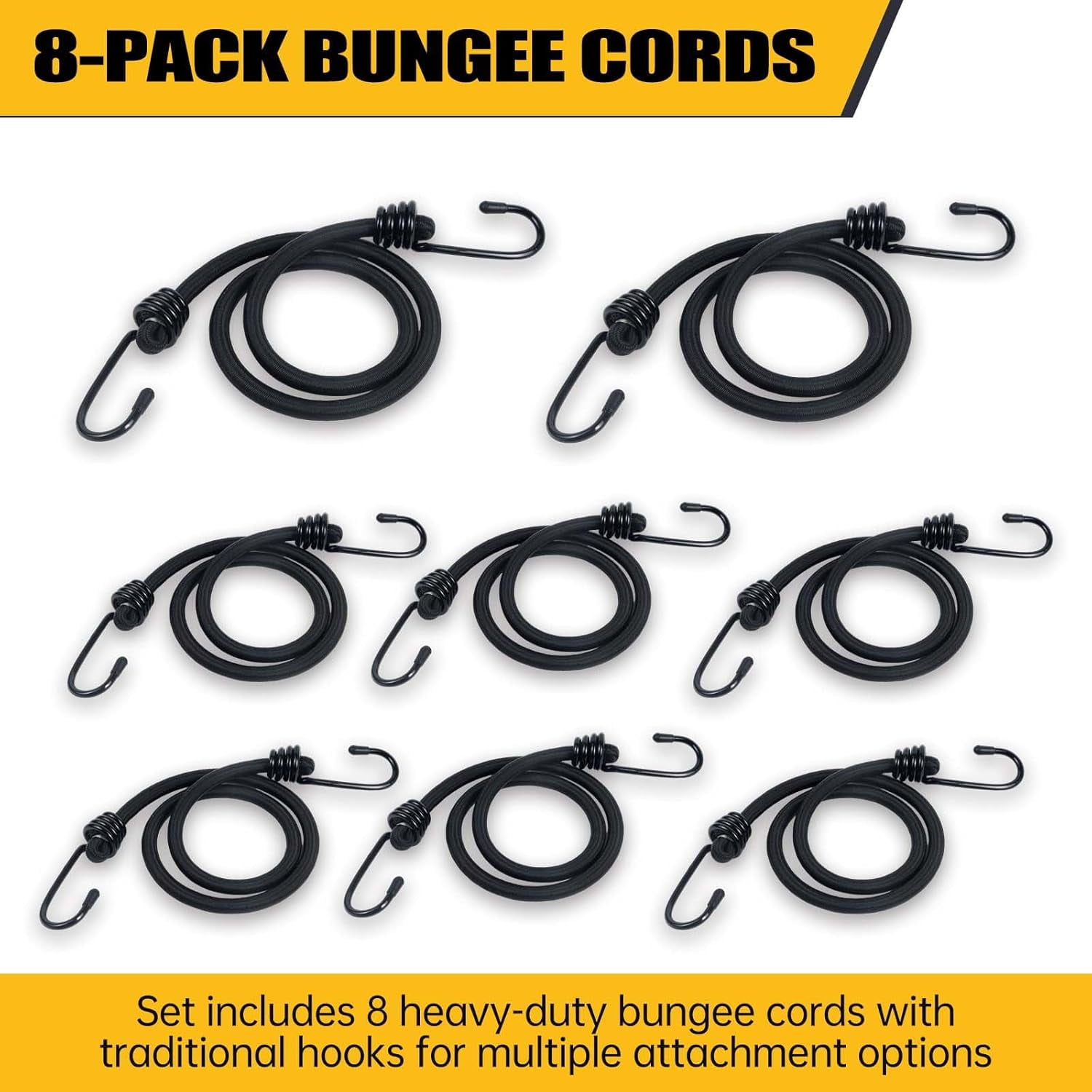 Bungee Cords with Hooks, 8 Pack 24 Inch Thick Elastic Rope – Strong, Stretchy Tie Downs with Secure Hooks for Cargo, Camping, Tents, Luggage – All-Weather
