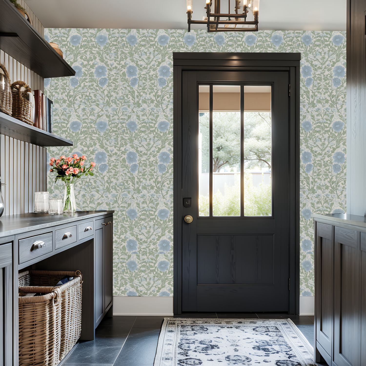 Peel and Stick Wallpaper Delicate Blue Floral Green Leaves Soft Beige Wall Mural 17.7in x 9.8ft Self Adhesive Removable Wall Paper Renter Friendly Wallpaper for Nursery Bedroom Cabinets