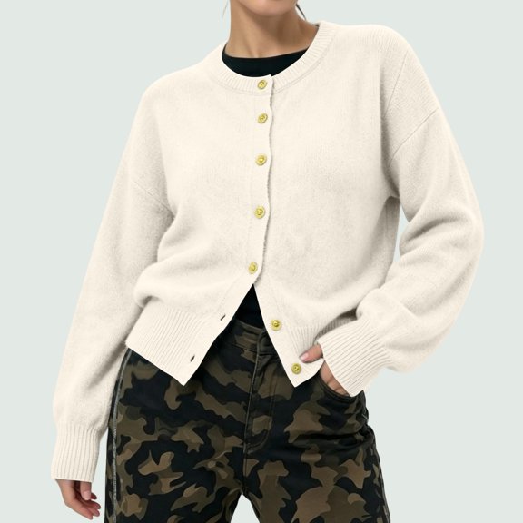 Women Cardigan Sweaters Long Lantern Sleeve Gold Button Front Loose Fit Soft Fuzzy Knitted Jacket Casual Cropped Outerwear