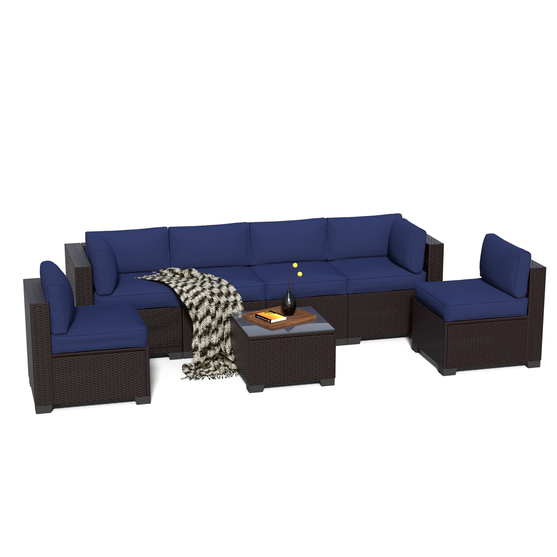 YLGJ&TIDY 7-Piece Outdoor Patio Set, All-Weather Rattan Sofa with Waterproof Cushions and Glass Table for Garden, Poolside, Navy Blue