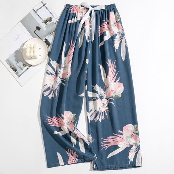 Womens Tropical Floral Print Wide Leg Capri Pants, Elastic Waist with Drawstring Lounge Pants, Navy Blue Nylon Spandex,Size Free Size
