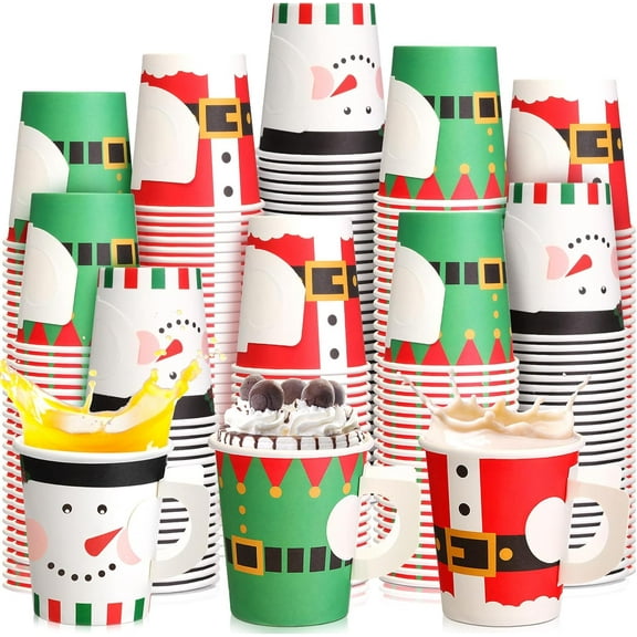 g 150 Pcs Christmas Paper Cups 7oz Disposable Christmas with Handles Santa Snowman Elf Tea Coffee Cups Hot Chocolate Bar Accessories for Adults Holiday Xmas Party Supplies，Disposable cup