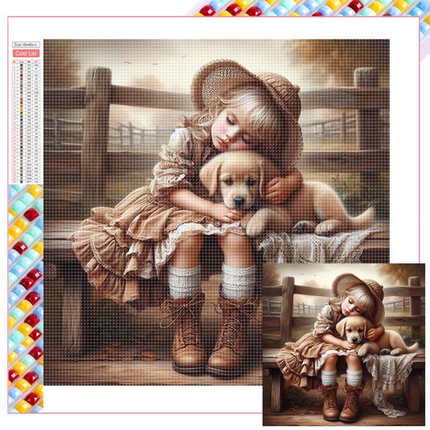 Con Cuentas Cuadradas 5D DIY Kit Niña Y Perro Del Arte 45x45cm