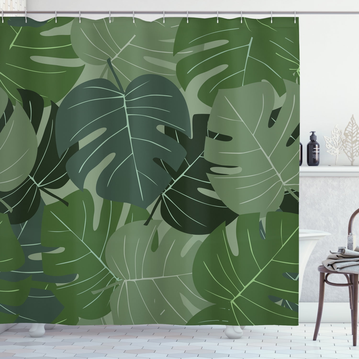 Forest Green Shower Curtain, Camouflage Pattern of Palm Leaves Tropical