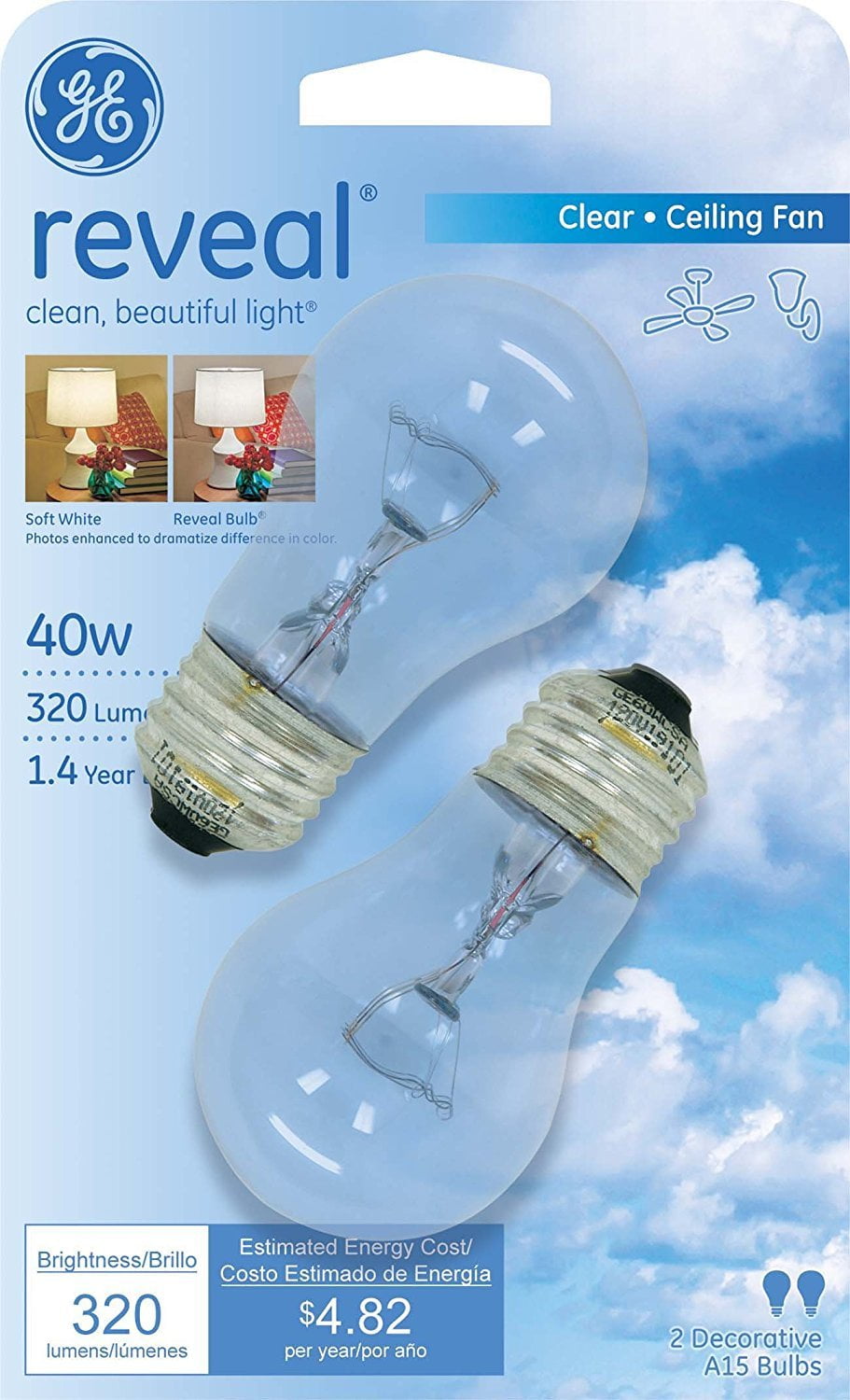 40w A15 Medium Base Reveal Ceiling Fan Light Bulb 2PK - 40A15/CF