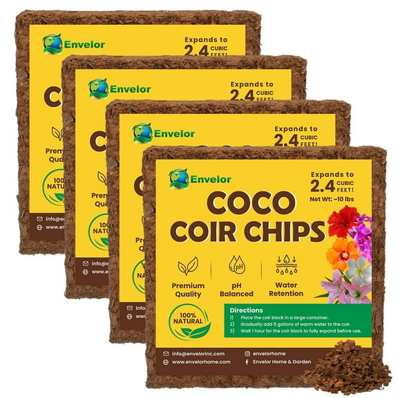 Coco Coir Chips 4-Pack Envelor 2.4 Cu. Ft. Compressed Coconut Coir Bricks 10 lb. Natural Substrate for Indoor Outdoor Coco Chips for Plants Orchid Bark Coco Coir Brick Plant Soil Indoor Potting Mix