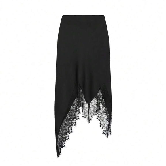 Black Asymmetrical Midi Skirt With Lace Trim, Slim Fit Womens Skirt