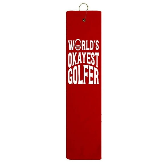 World's Okayest Golfer Red Tri-fold Golf Towel With Grommet & Hook Club Ball Tee Golfing Gift Birthday Red Towel White Vinyl 15" x 18"