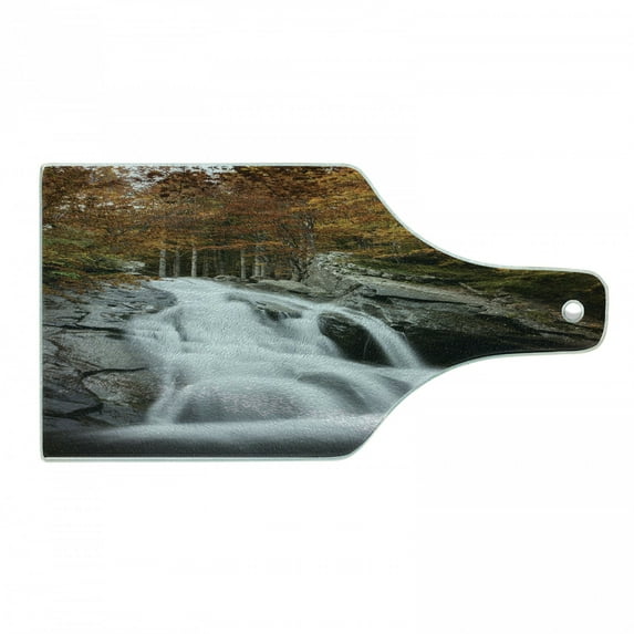 Waterfall Cutting Board, Water Falls to the Lake Through Rocks Surrounded by Fall Season Trees, Tempered Glass Cutting and Serving Board, Wine Bottle Shape, White Green and Orange, by Ambesonne