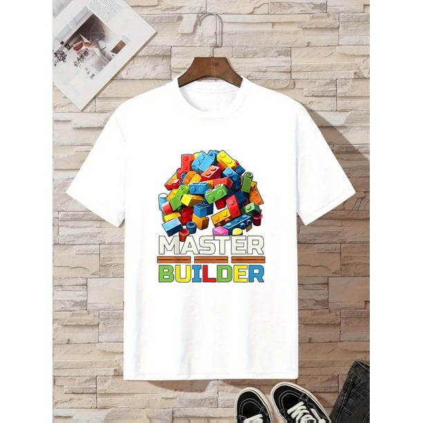 Men'S "Master Builder" Graphic T-Shirt - Cotton, Casual Crew Neck, Summer Top with Colorful Building Block Design, Casual Summer Wear | Playful Print | Comfortable Fit, PLUS SIZE