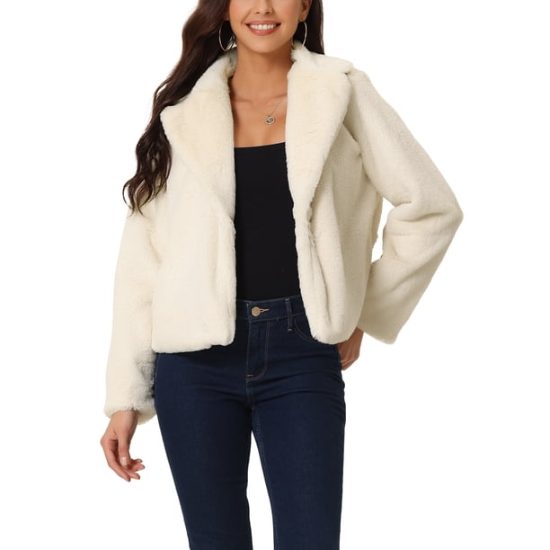 Abrigo Recortado de Piel Sintética para Mujeres, Chaqueta de Moda de Invierno, Frente Abierto, Solapa Notch, Manga Larga, Abrigo Esponjoso S Beige