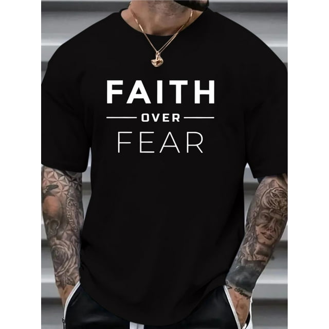 Men's Vintage Casual Crew Neck T-Shirt, 100% cotton , with "Faith Over Fear" All-Season Comfort