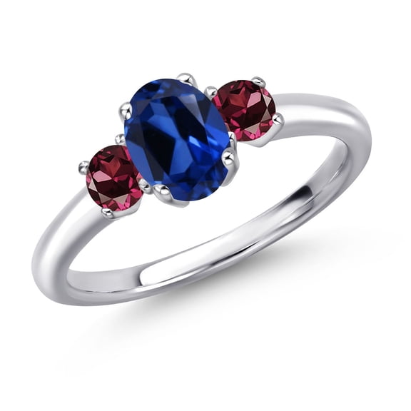 Gem Stone King 925 Sterling Silver Blue Created Sapphire and Red Rhodolite Garnet Engagement Ring for Women | 1.44 Cttw | Oval 7X5MM | Gemstone September Birthstone | Size 5