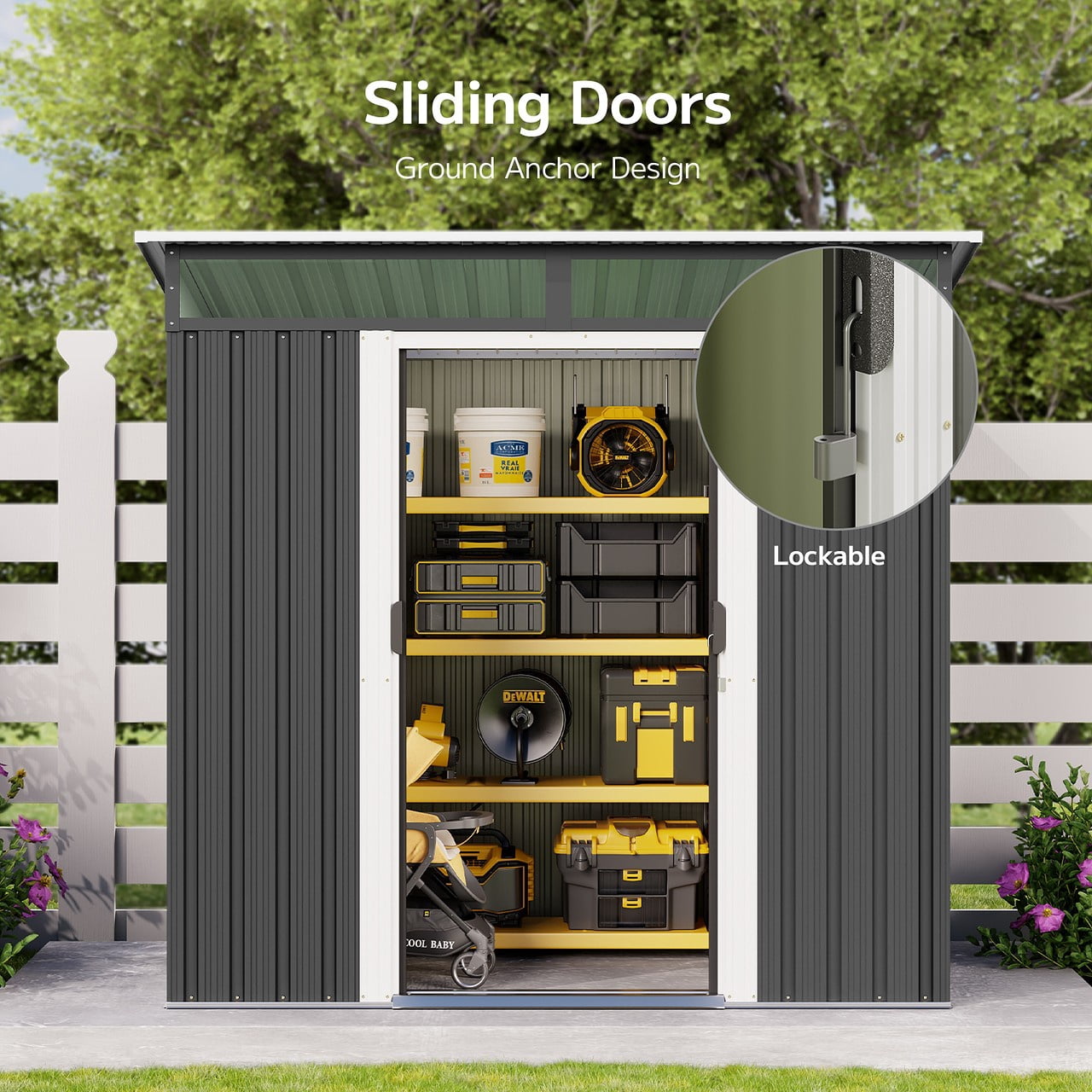 Storage Shed, 6 x 4 FT Outdoor Metal Shed with Double Sliding Lockable Doors, Waterproof Tool House for Garden Backyard, Grey