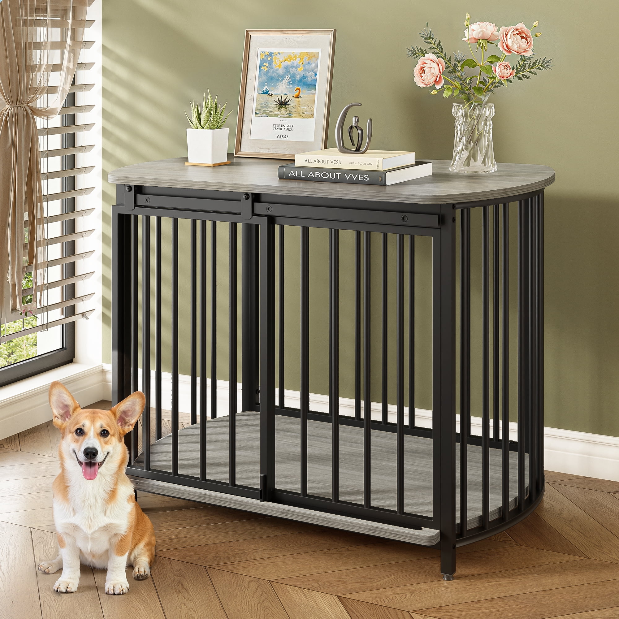 Modern Dog Crate End Table with Double-Doors 31.5" Dog Crate for Small and Medium Dogs, Wooden Cage Indoor Kennel Furniture