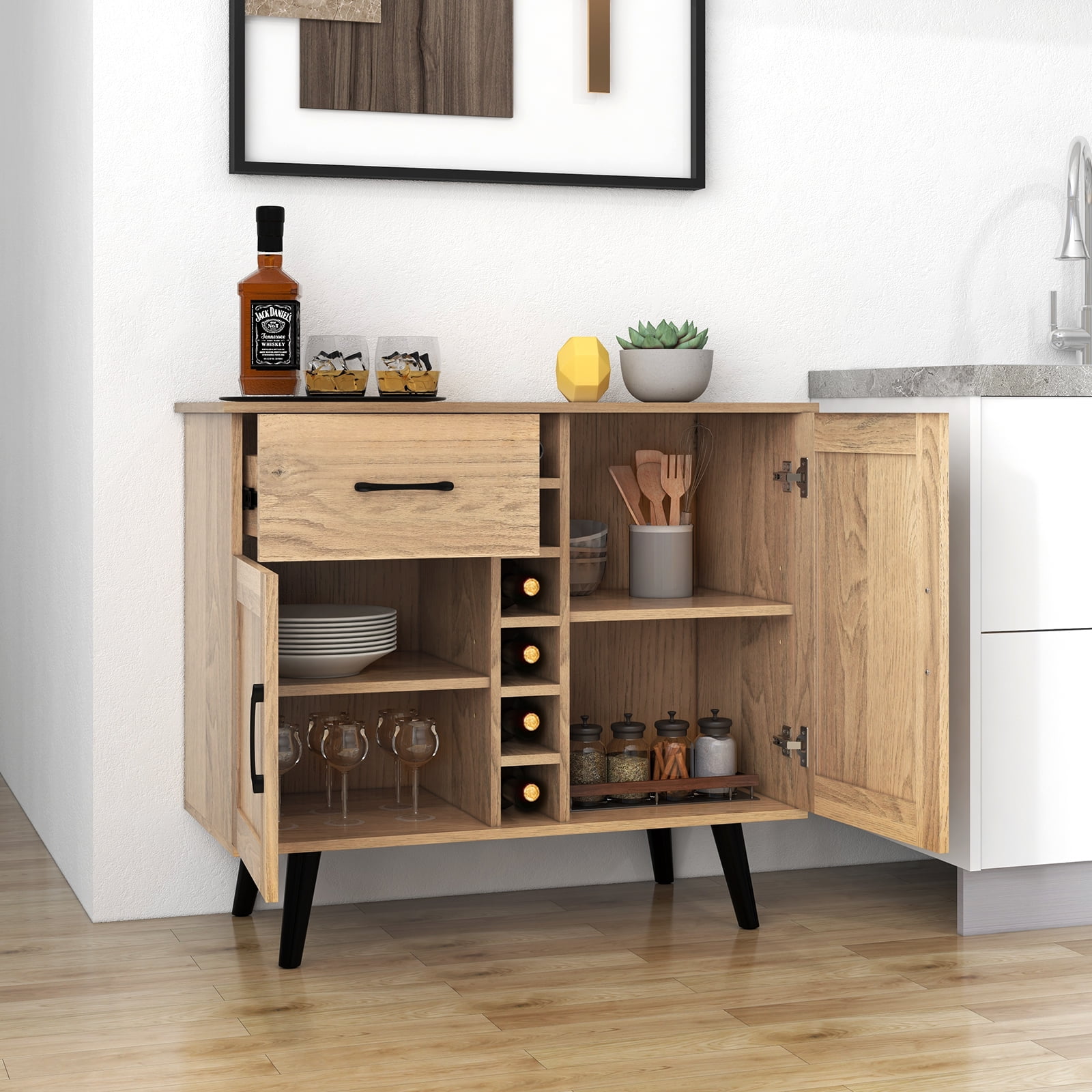 Costway 2-Door Wine Bar Cabinet Kitchen Sideboard Buffet with Drawer & Adjustable Shelves Natural