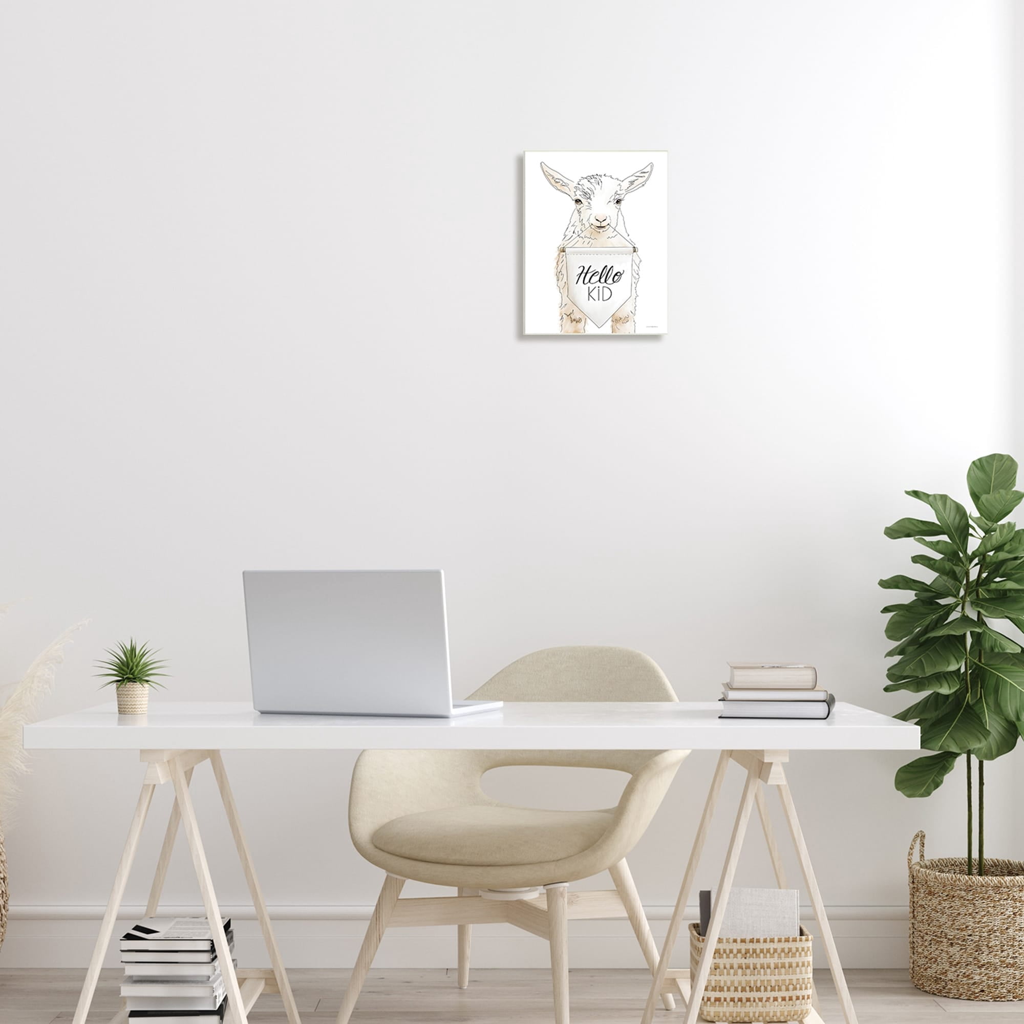Stupell Industries Goat Holding Sign Hello Kid Text Line Drawing Wood Wall Art, 13 x 19, Design by Kamdon Kreations