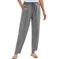 thumbnail image 1 of Womens Linen Straight Leg Pants Elastic Drawstring Casual Trousers With Pockets Summer Beach Pants Womens Pant Romper Casual Women's Casual Pants Elastic Waist Womens Linen Pants Tall Womens Pants, 1 of 5