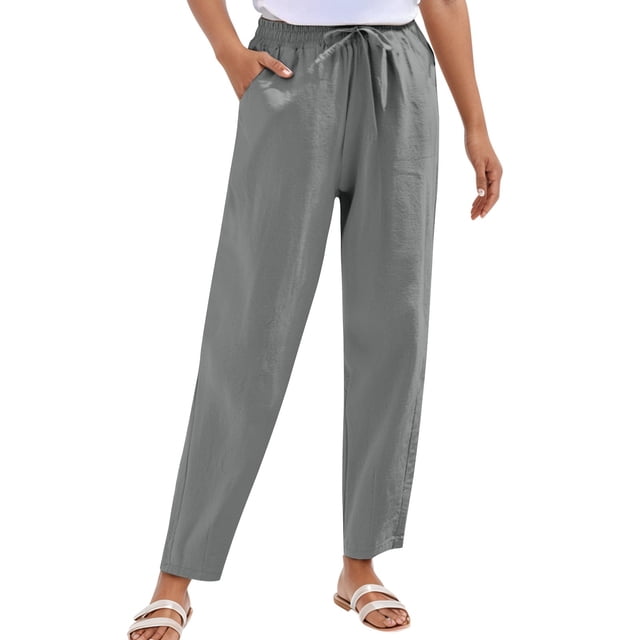 Womens Linen Straight Leg Pants Elastic Drawstring Casual Trousers With Pockets Summer Beach Pants Womens Pant Romper Casual Women's Casual Pants Elastic Waist Womens Linen Pants Tall Womens Pants