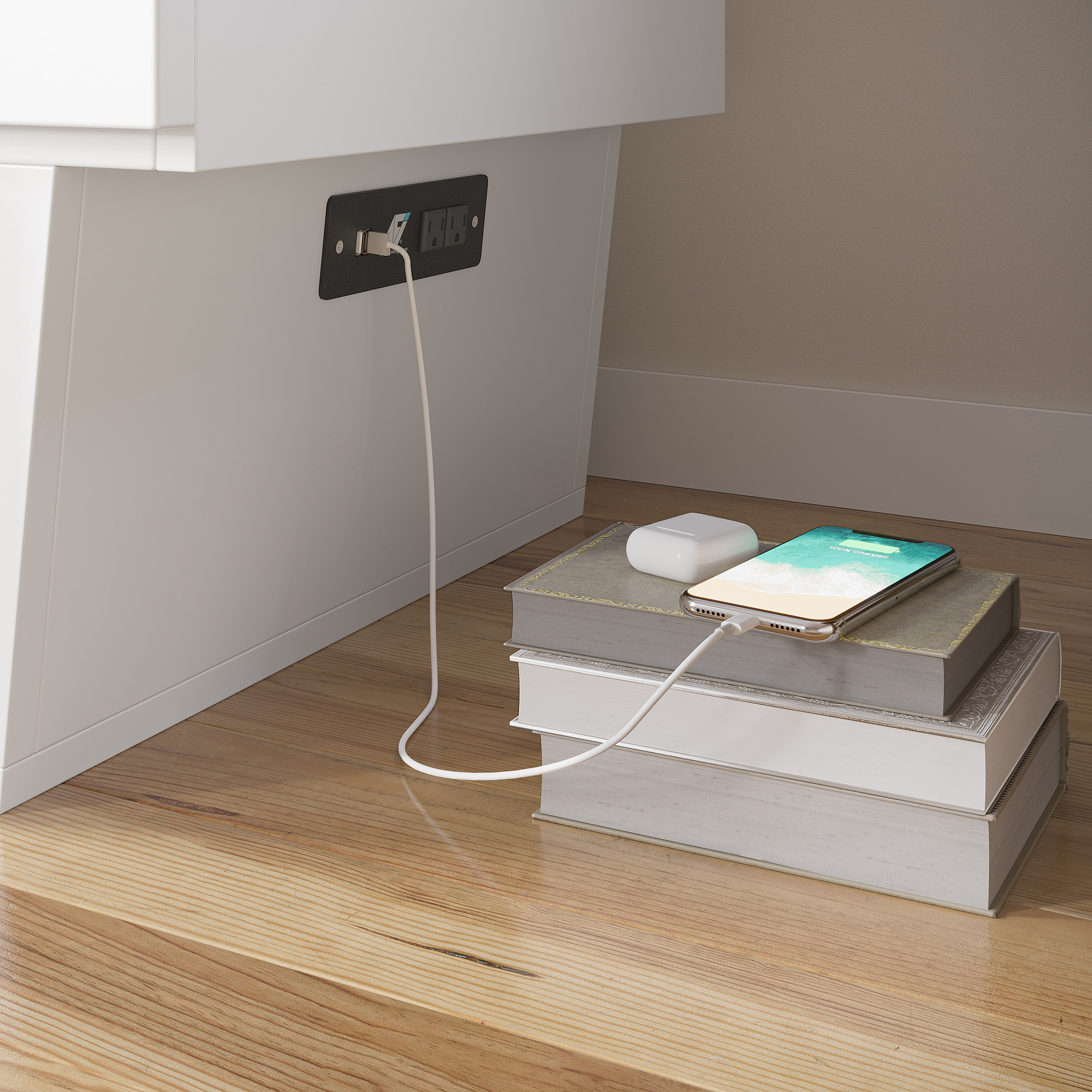 AFI Monroe Full Solid Wood Murphy Bed Chest with 6" Mattress, Drawer & Charger, White