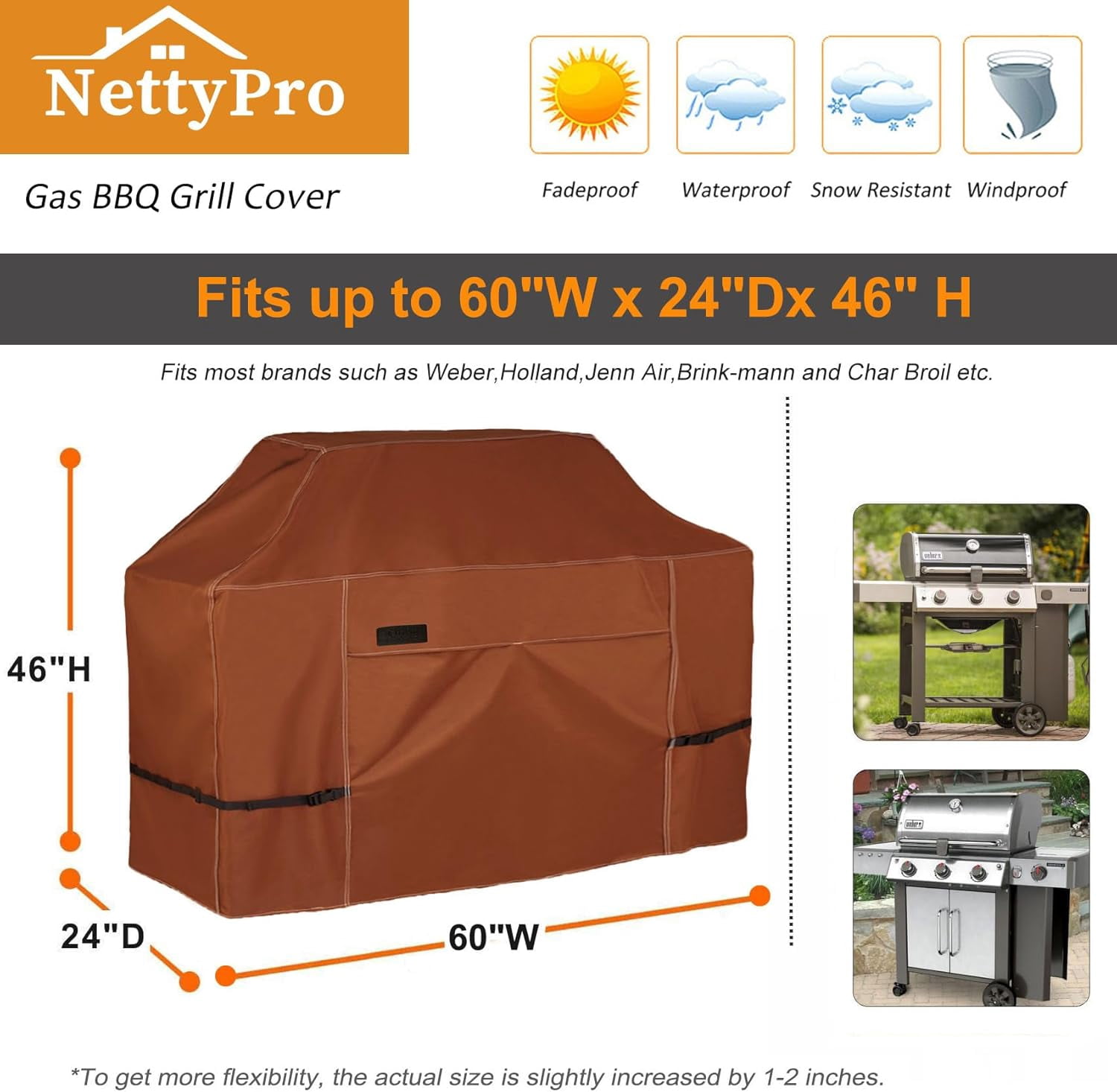 Outdoor BBQ Grill Cover 60 Inch 3-4 Burner Waterproof Heavy Duty Patio Barbecue Cover for Weber, Char-Broil, Brinkmann, Jenn Air, Nexgrill Grills and More, Brown