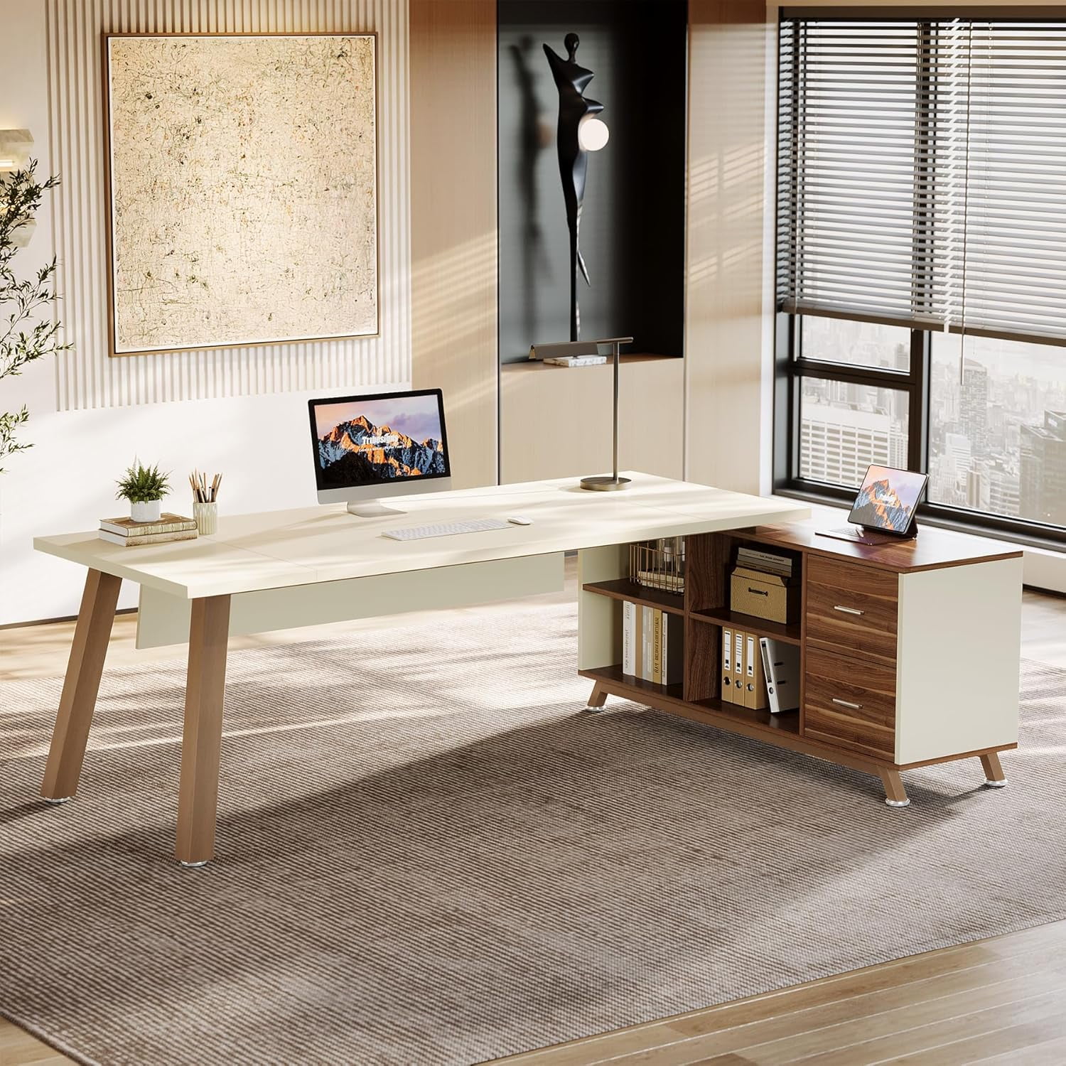 Tribesigns Large L-Shaped Desk, Modern Executive Office Desk with Drawers, 78.7 Inch Computer Desk with Cabinet for Home Office,White & Walnut