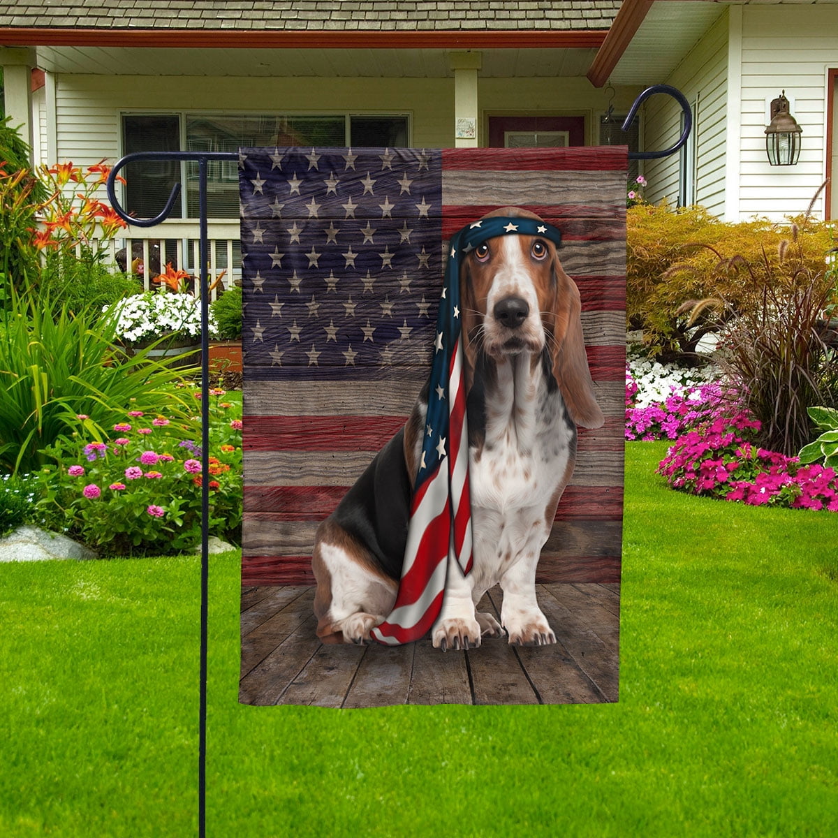 American Flag Basset Hound Dog Proud Patriotic 4th of july House Flag (29.5x39.5) Decorative Outdoor Flag