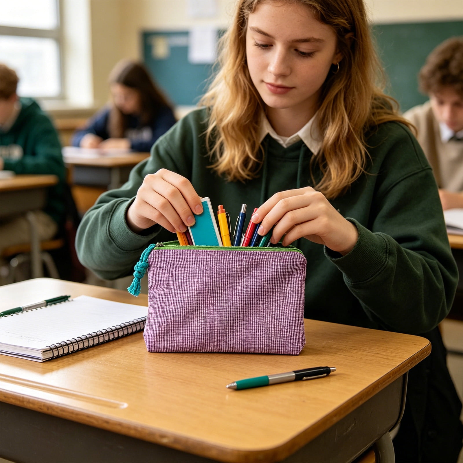 Checkered Pattern Pencil Pouch Large Capacity Multi Compartment Organizer Bag for Pens and Stationery Items Portable Fabric Storage Case with Carrying Strap for Office and Campus