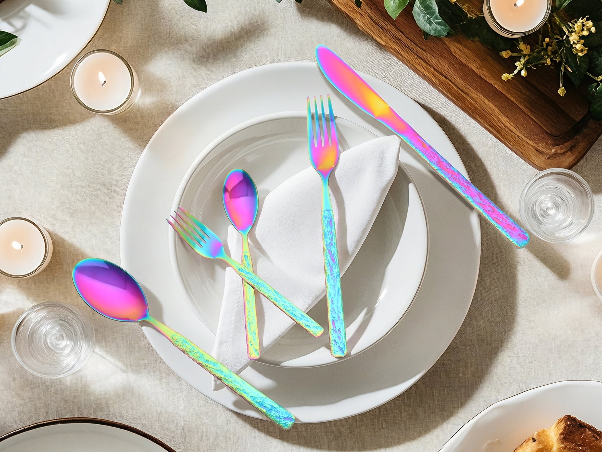 Unique Bargains Stainless Steel Mirror Polished Flatware Set for Kitchen Colorful 30pcs