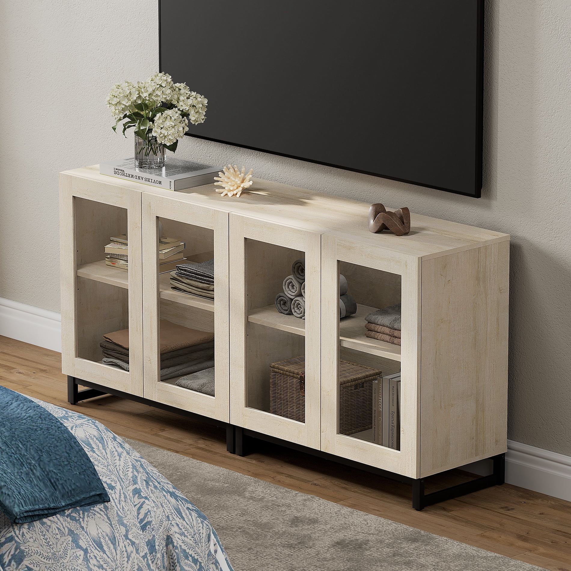 WAMPAT 63 Inch TV Stand with Glass Doors for 32-70 inch TVs, Modern Entertainment Center TV Console with Adjustable Shelves for Living Room, Bedroom,Beige