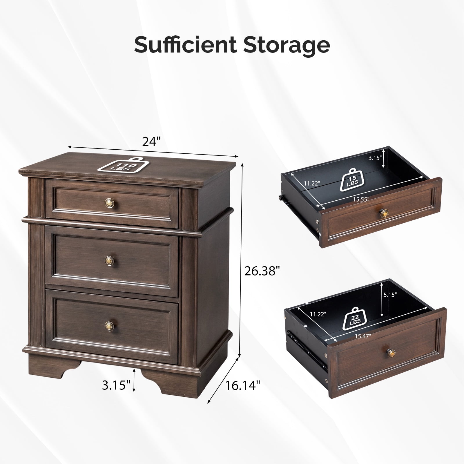 Ktaxon Wooden Nightstand with Outlets & USB Ports, 3 Drawer Traditional Cottage Bedside Table, Brown