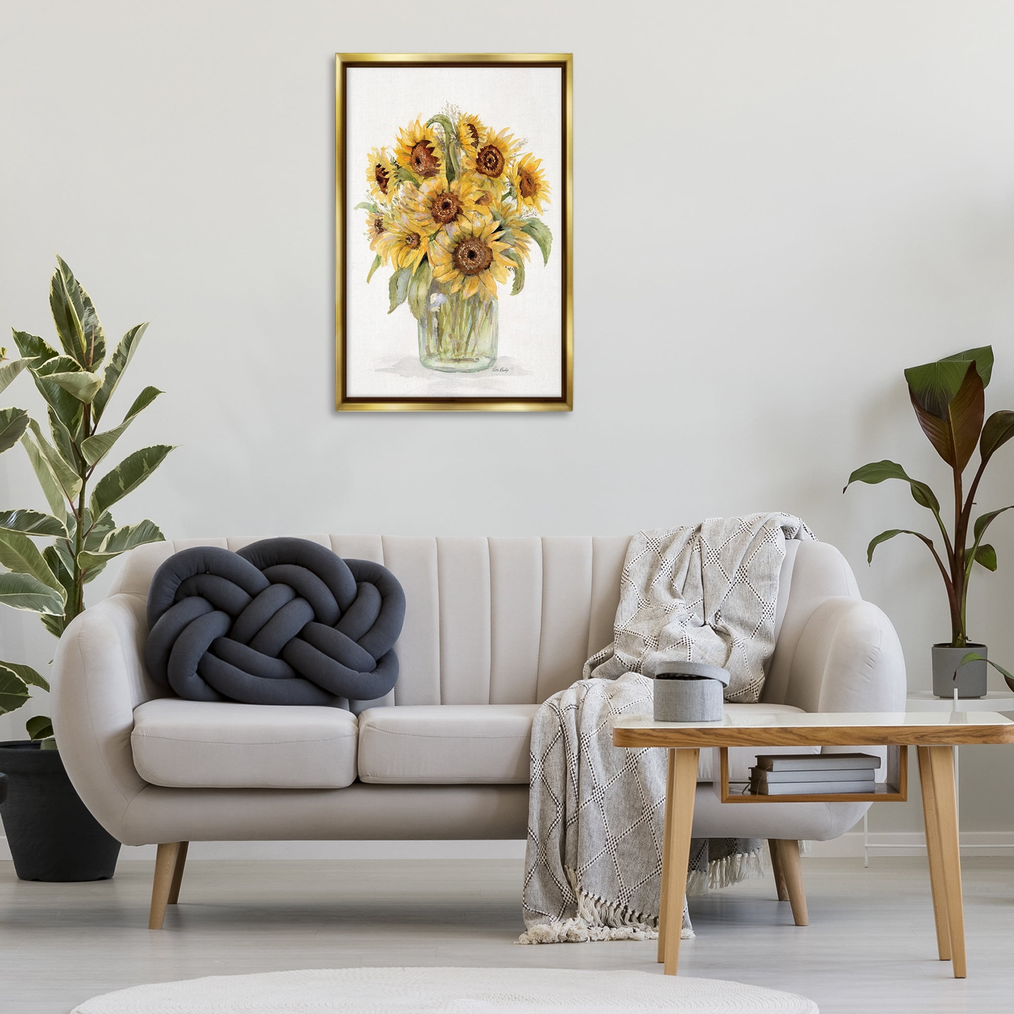 Stupell Industries Sunflower Jar Bouquet Botanical & Floral Painting Gold Floater Framed Art Print Wall Art, 21 x 31