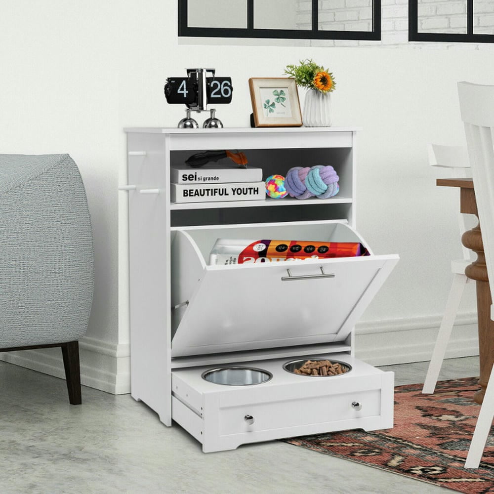 Topcobe Pet Feeder Station with with Storage Cabinet and 2 Elevated Dog Bowls, Hidden Dog Feeding Station-White