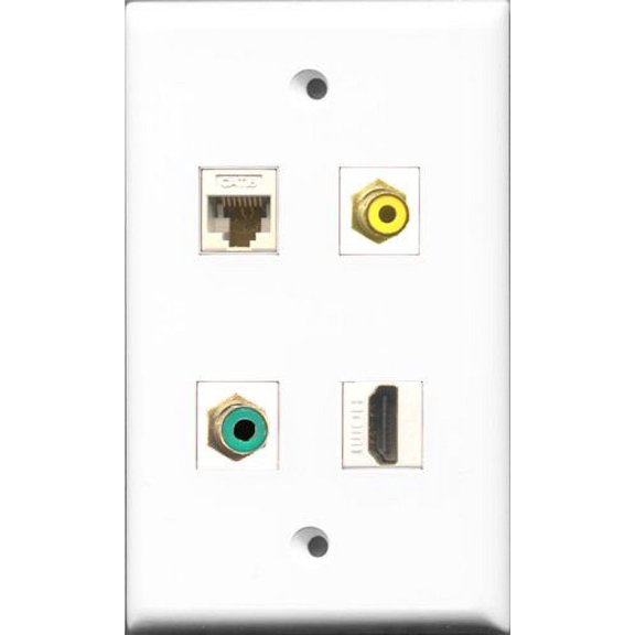 RiteAV 1 Port HDMI and 1 Port RCA Yellow and 1 Port RCA Green and 1 Port Cat6 Ethernet White Wall Plate