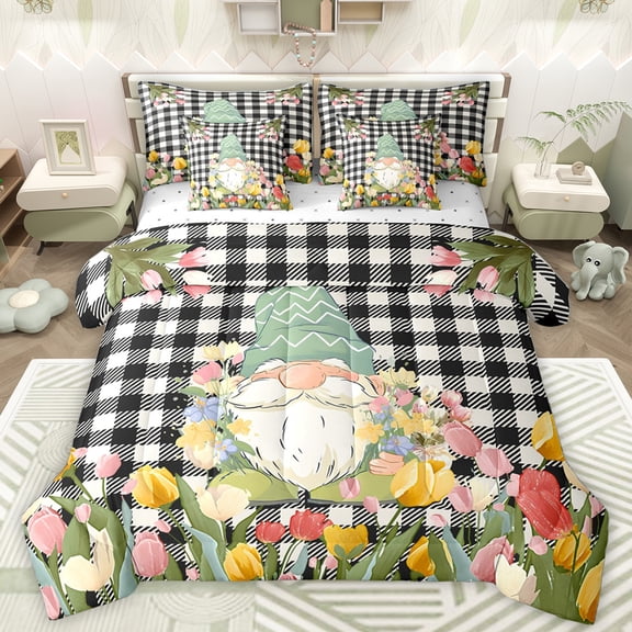 Homewish Cute Gnome 7-Piece Twin Bedding Sets,Colorful Flower Tulip Bedding Comforter Set,White Black Classic Checkered Sheet Sets For Girls Kids,Luxury Bedroom Decor Reversible