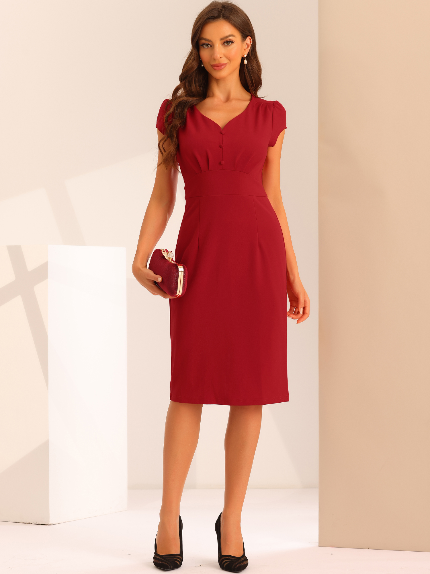 DARING DIVA V Neck Sheath Cap Sleeves Split Pencil Dress XS Red