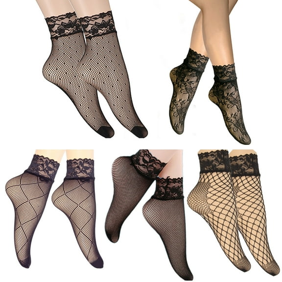 Soft Nylon Lace Ankle Socks With Fishnets Patterned Breathable Mesh Comfort Short Calf Socks for Women 5 Pairs Set