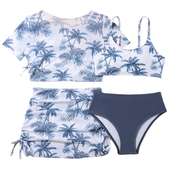 Girls Rash Guard Swimsuit Set Bikini Sets For Teen Girls 12-14 Girl's 4 Piece Swimsuits Tropical Print Halter Bikini Set Bathing Suits With Mesh Pants Swimsuit - Swimwear for Girls