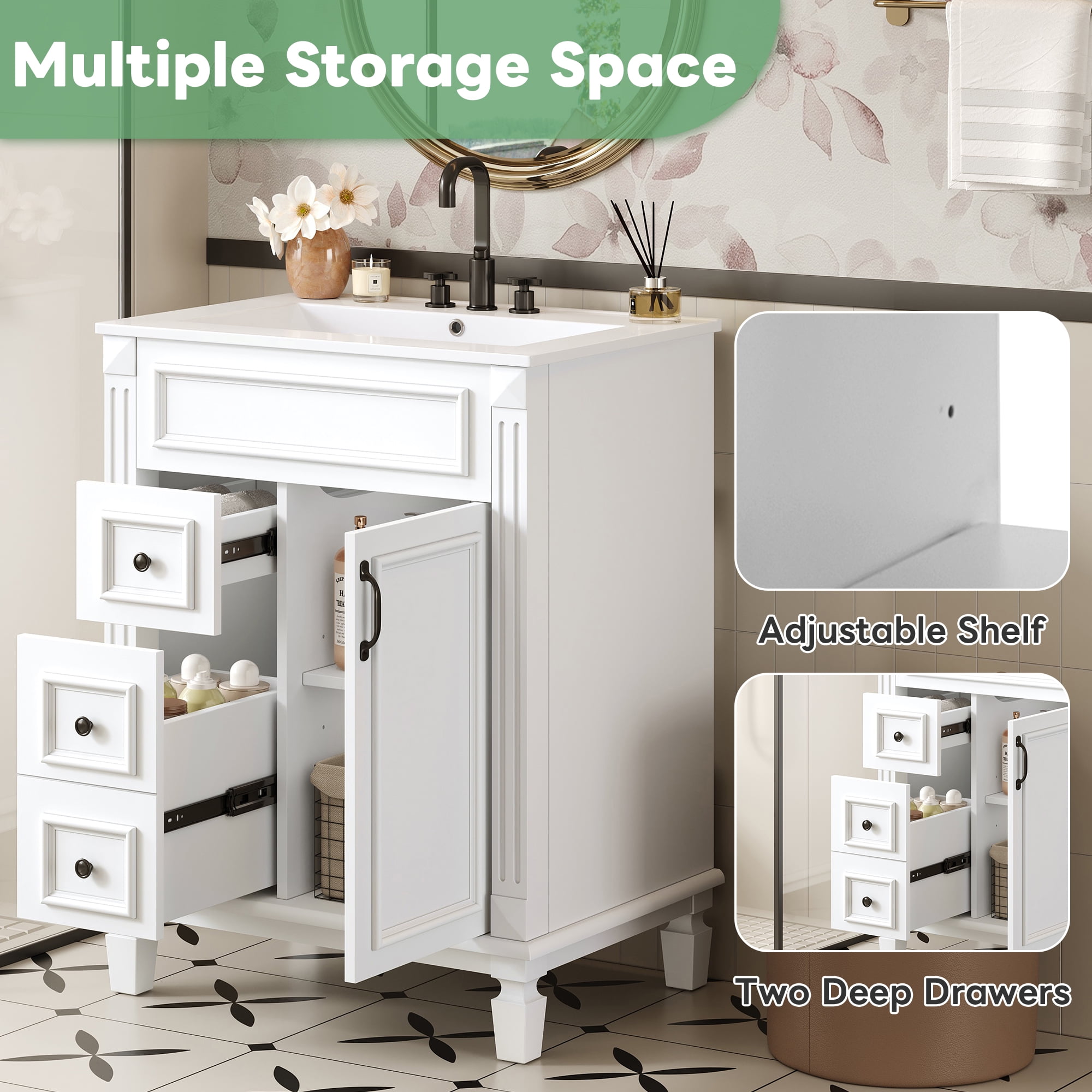 24" Bathroom Vanity with Ceramic Sink, Small Bathroom Vanity with 2 Drawers, Modern Vanity with Adjustable Shelf for Powder Room, Guest Bath, Apartment, White