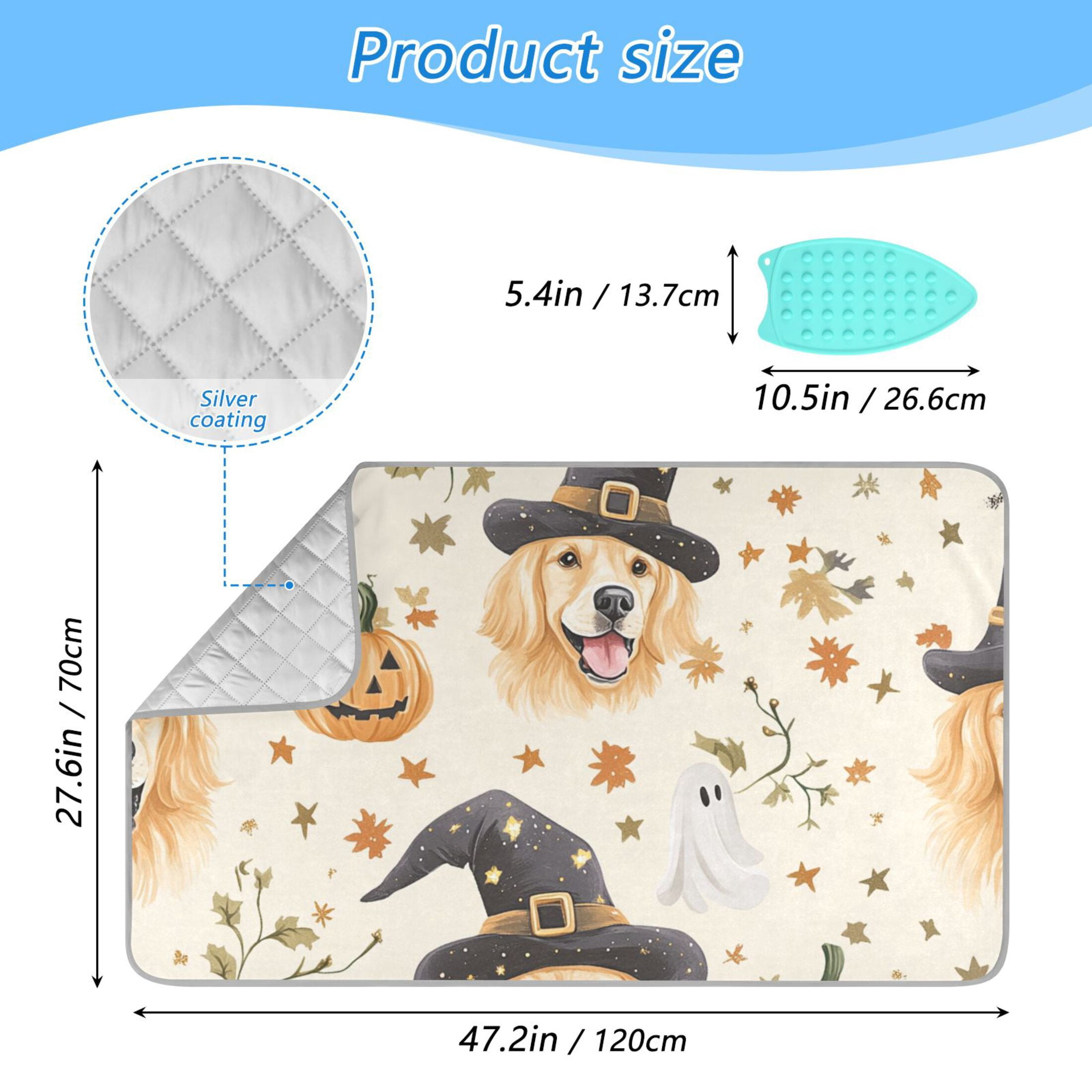 Halloween Magical Dog Pumpkins Stars Leaves Specters Ironing Mat Blanket Portable Travel Ironing Pad Heat Resistant Pad 47.2" x 27.6”