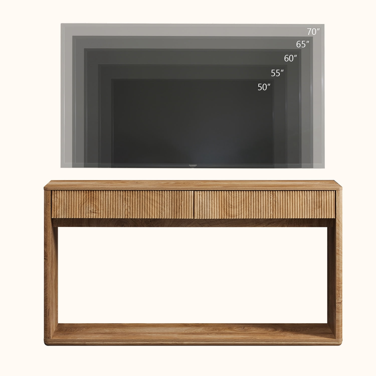 KeyWhat 63" Fluted Console Table with 2 Drawers, Modern Entryway Sofa Table with Anti-Tip Kit, Sturdy Long Console Table for Living Room, Hallway and Foyer , Light Knotty Wood