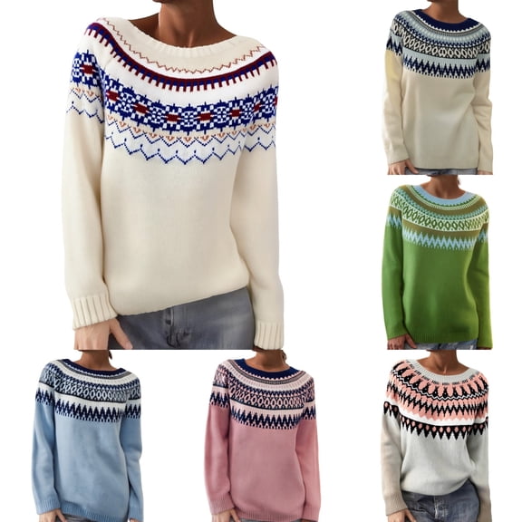 sususu Womens Fair Isle Sweater Argyle Iceland Norway Sweater Colorful Striped Long Sleeve Crew Neck Pullover Jumper Tops,A02-Red,L