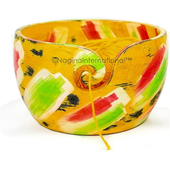 Antique Colored Handmade Premium Wooden Yarn Ball Storage Bowl with Yarn Dispensing Curl | Knitting Storage Accessories & Supplies | Nagina International (Large (7 x 4 x 7 Inches), Tri-Yellow)